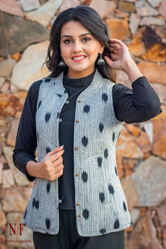 Grey And Black Ikat Reversible Cotton Quilted Sleeveless Jacket