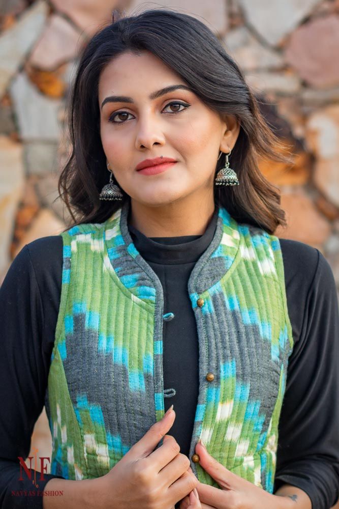 Blue Green Ikat Reversible Cotton Quilted Sleeveless Jacket
