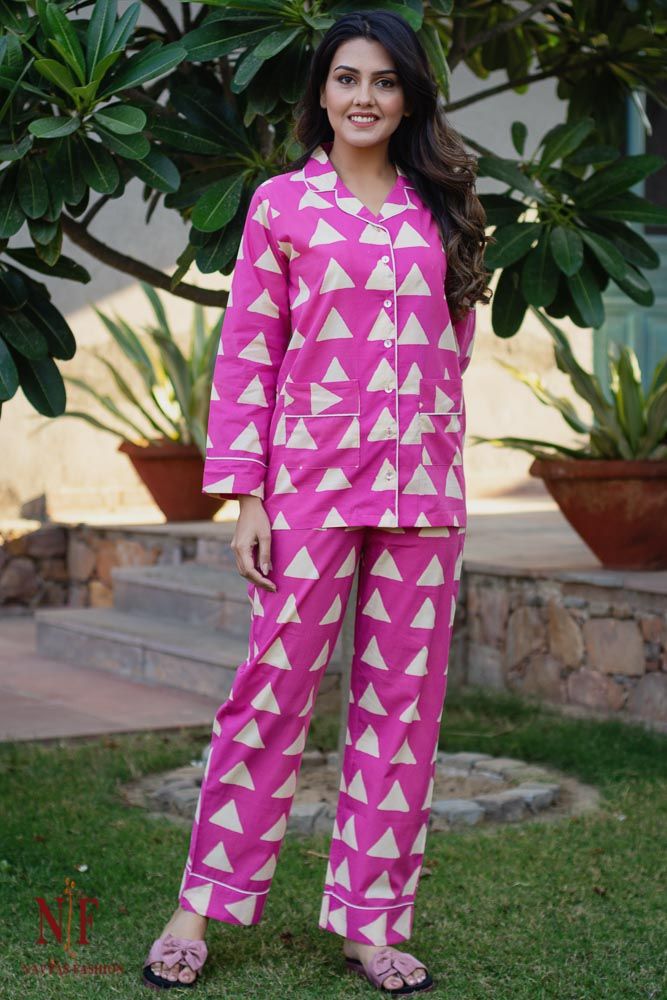 Carnation Pink Block Print Cotton Night Suit