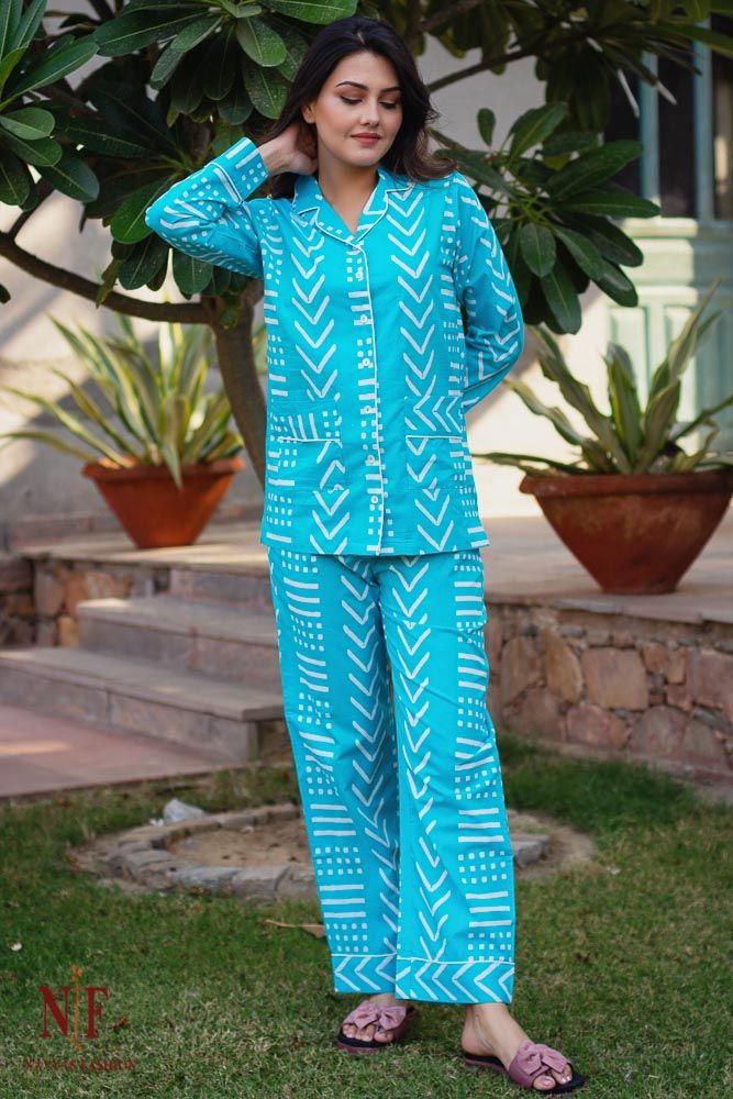 BUY SCUBA BLUE BLOCK PRINT COTTON NIGHT SUIT-NS69