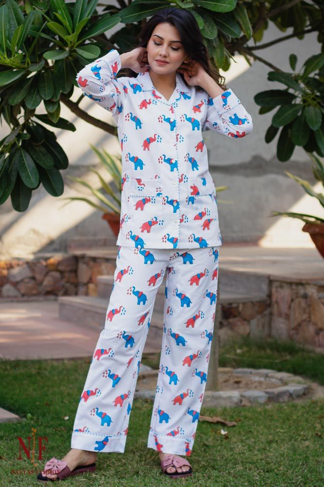 Blue hand block panda printed night suit - set of two by House Of