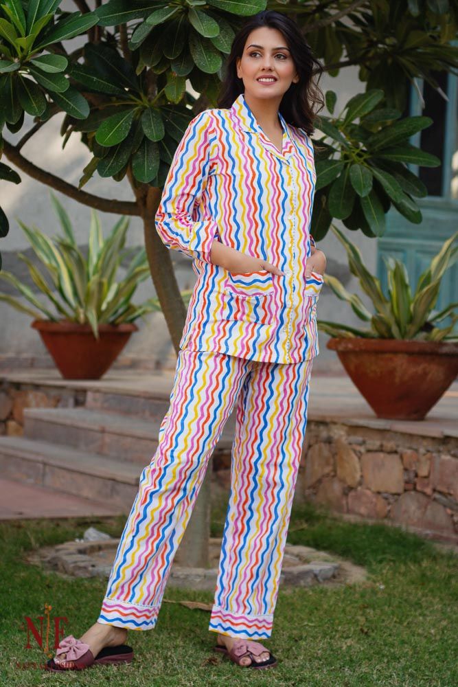 Colorful Waves  Hand Block Print Cotton Night Suit