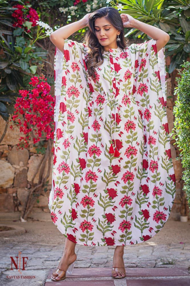 Red Pink Floral Cotton Kaftan Dress
