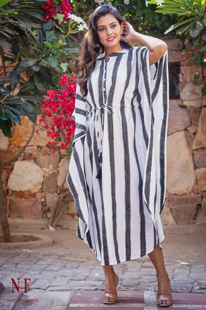 White And Black Striped Modal Cotton Kaftan Dress