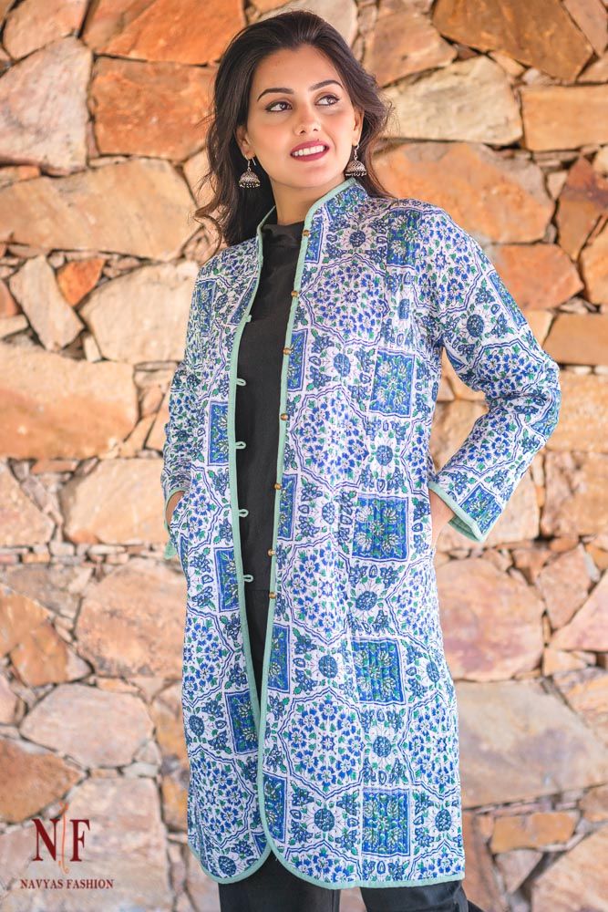 Blue Block Printed Reversible Cotton Quilted Coat
