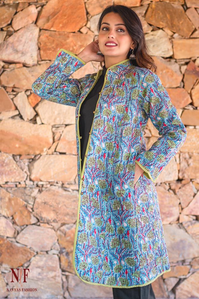 Blue Floral Block Printed Reversible Cotton Quilted Coat