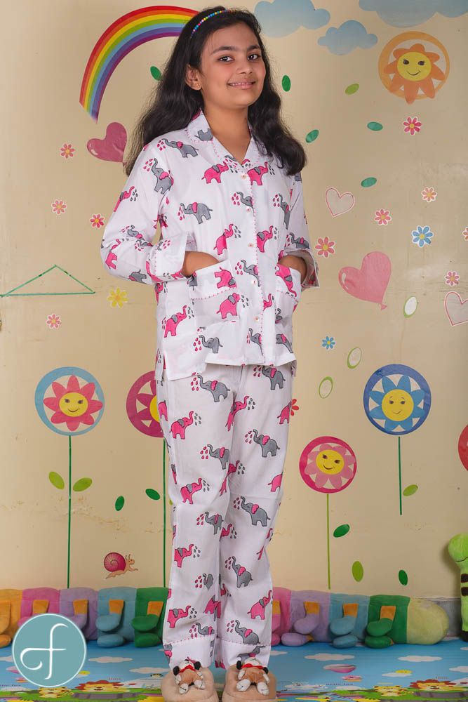 Pink Elephant Kids Cotton Night Suit