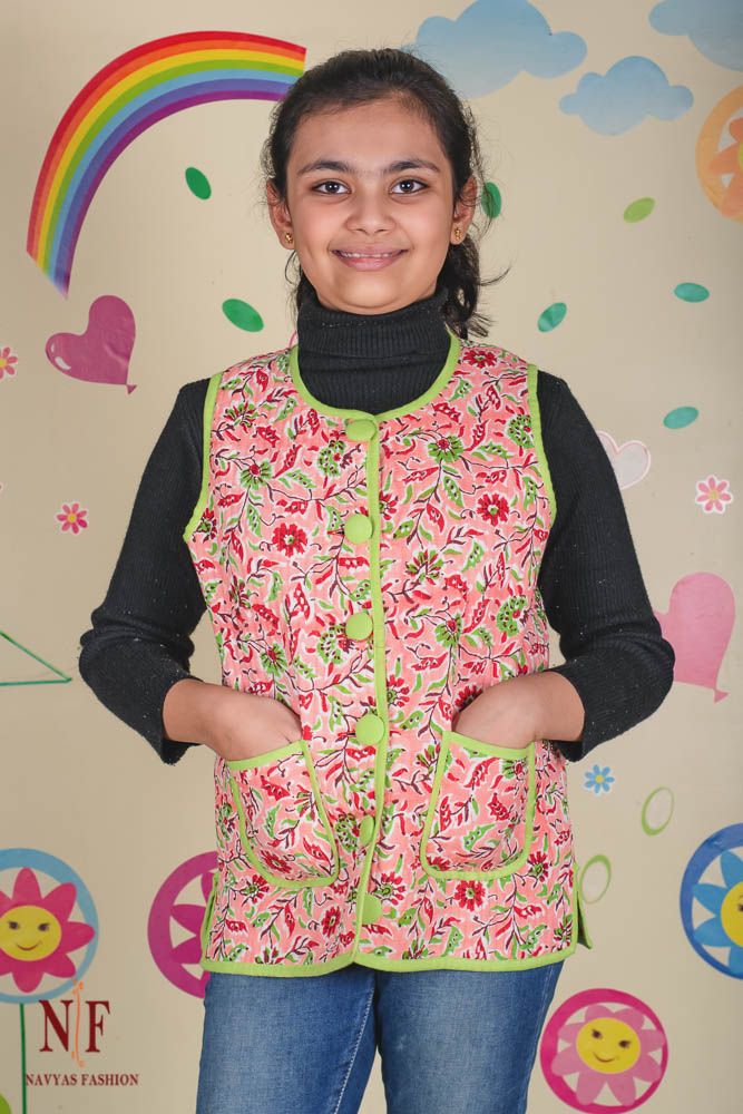 Peach Green Reversible Quilted Sleeveless Kids Jacket