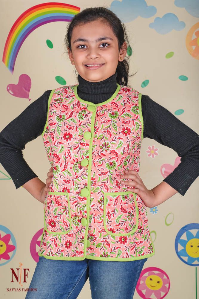 Peach Green Reversible Quilted Sleeveless Kids Jacket