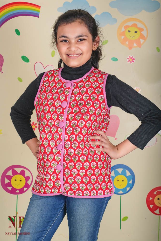 Pink Red Reversible Quilted Sleeveless Kids Jacket