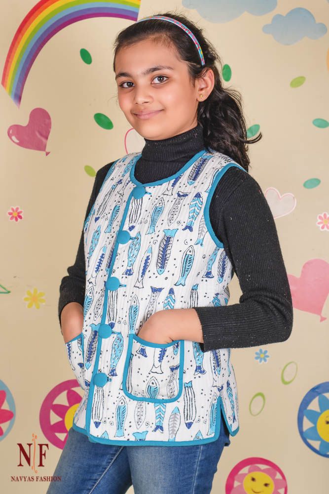 Fish Print Reversible Quilted Sleeveless Kids Jacket