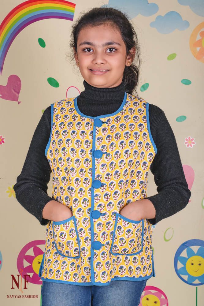 Blue Yellow Reversible Quilted Sleeveless Kids Jacket