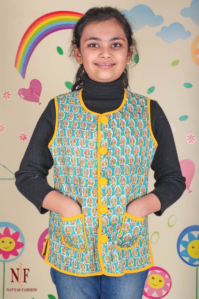 Blue Green Reversible Quilted Sleeveless Kids Jacket