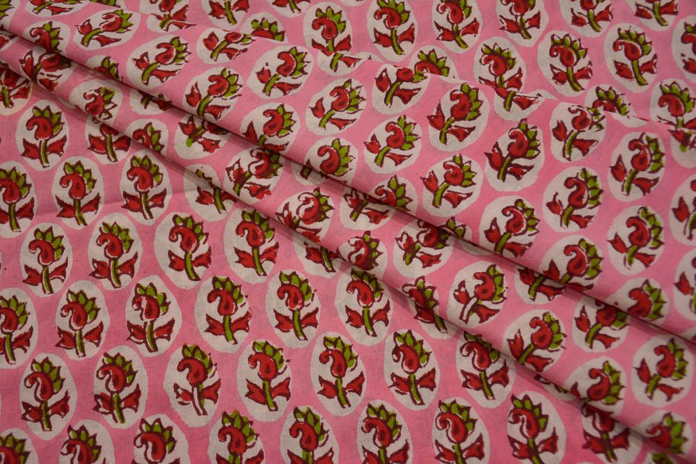 Pink Red Block Printed Cotton Fabric