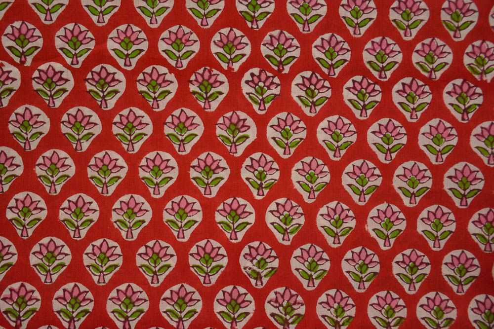 Red Pink Block Printed Cotton Fabric