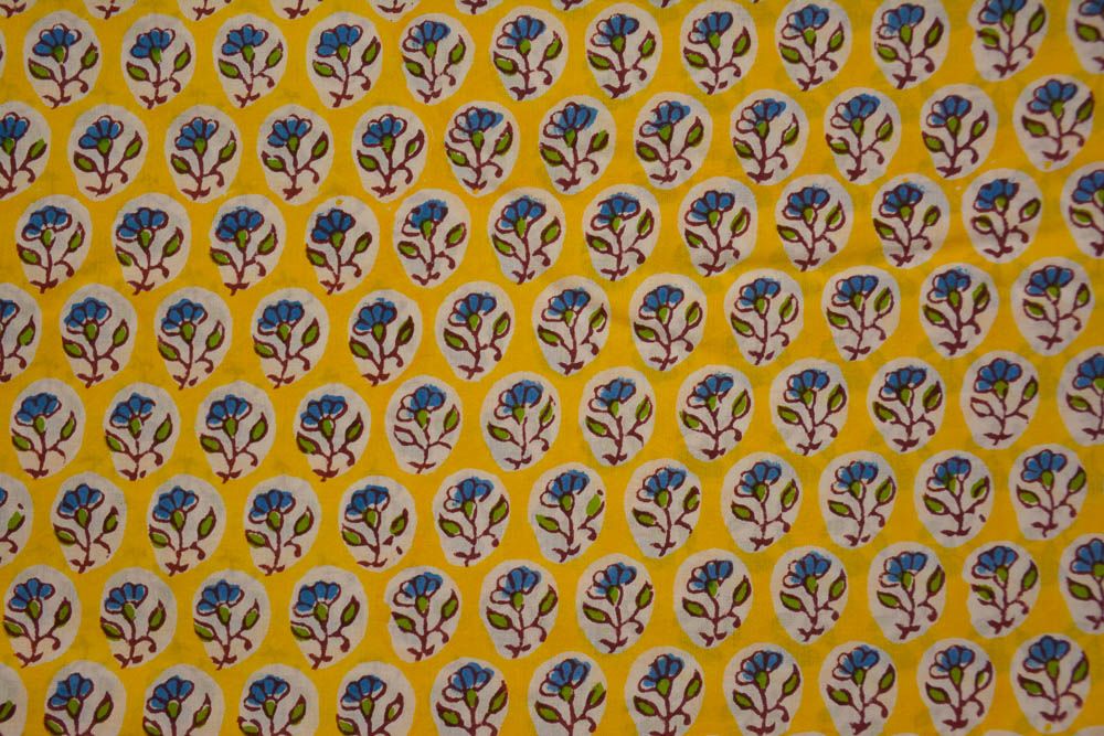 Yellow Blue Block Printed Cotton Fabric