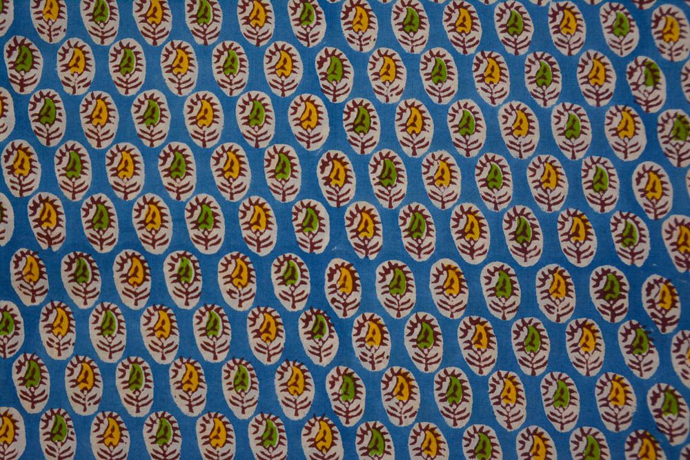 Blue Floral Block Printed Cotton Fabric