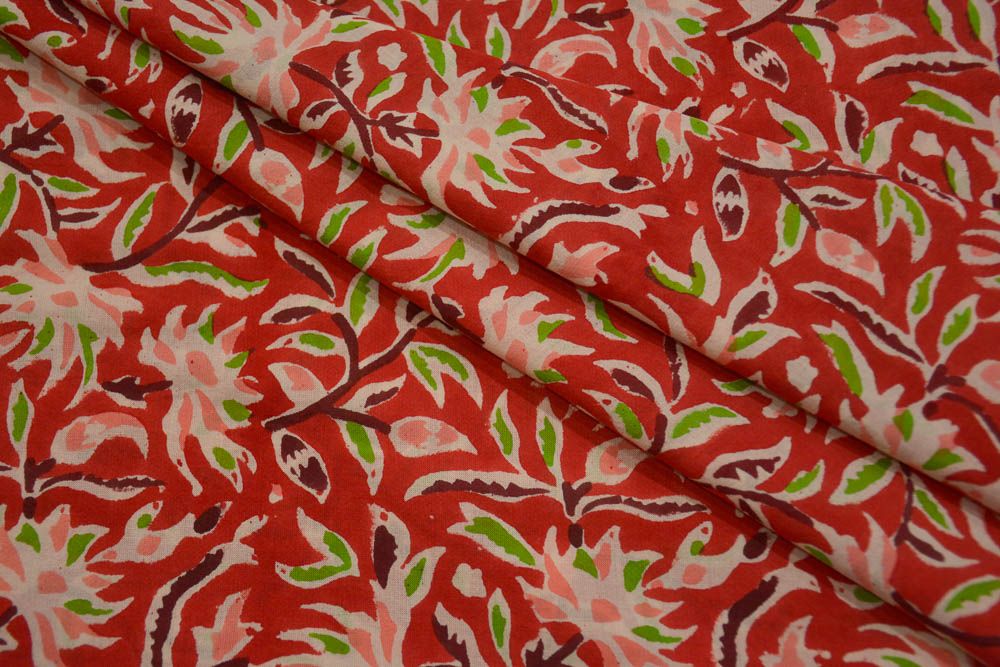 Red Floral Block Printed Cotton Fabric