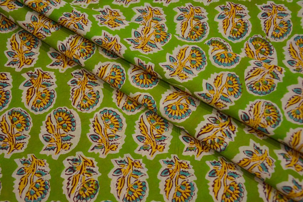 Leaf Green Floral Block Printed Cotton Fabric