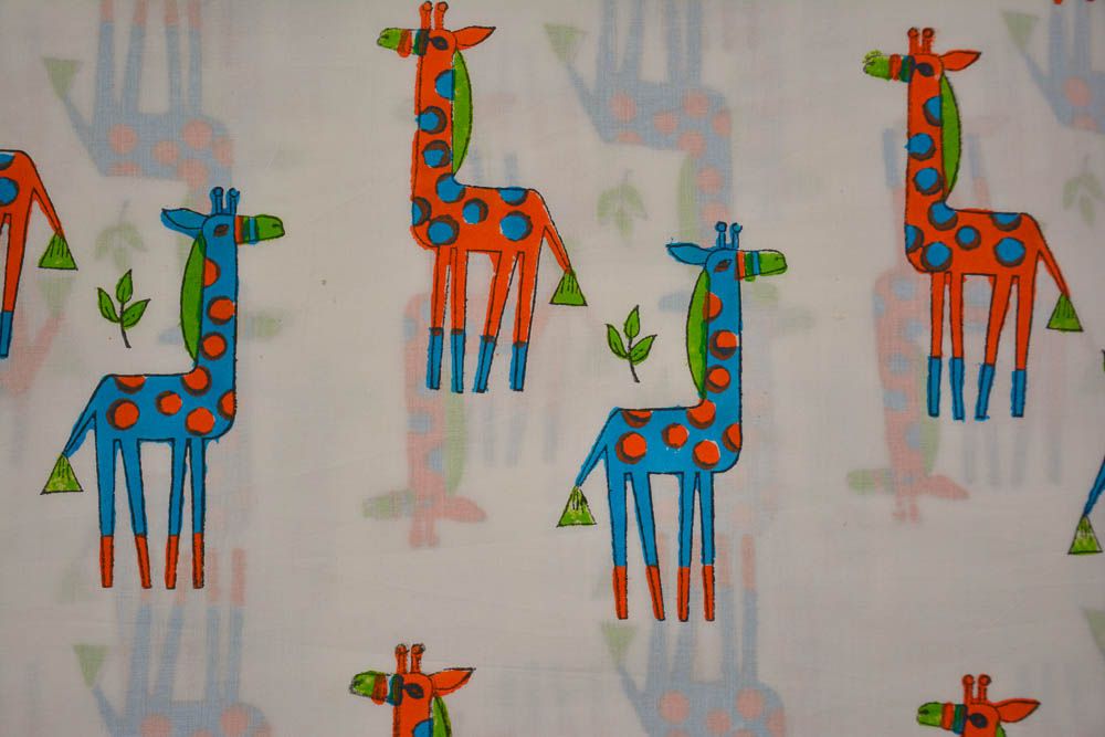 Blue Orange Giraffe Block Printed Cotton Fabric