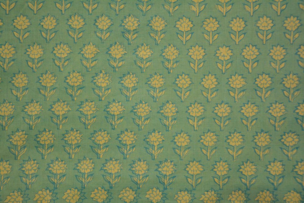 Green Floral Block Printed Cotton Fabric