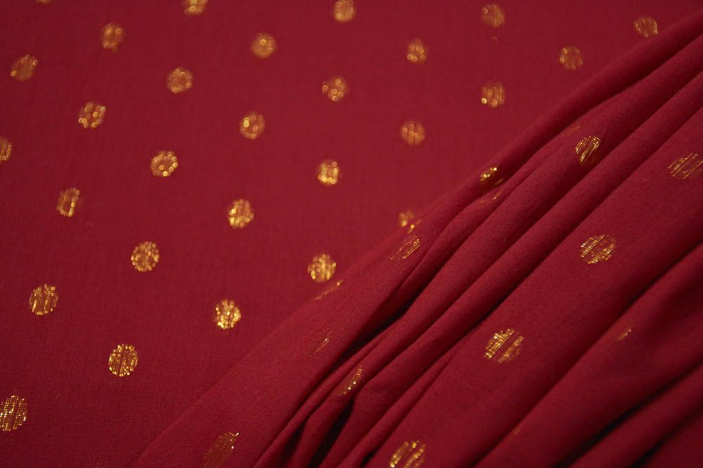 Tango Red Golden Zari Buti Cotton Fabric