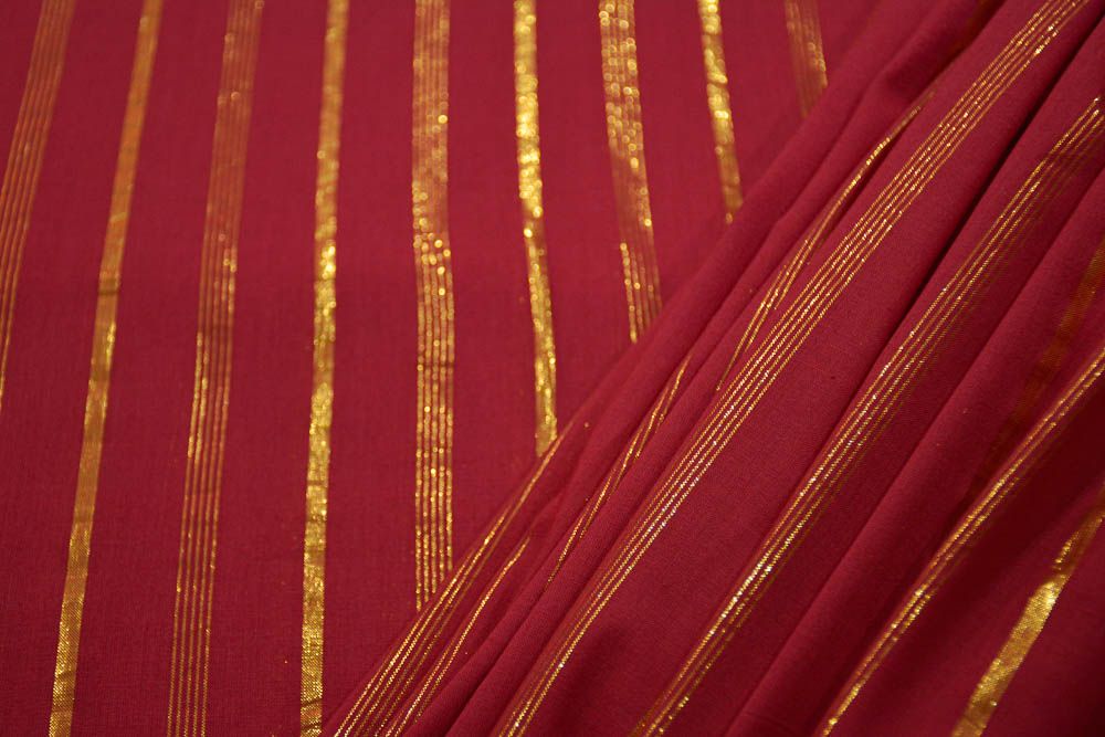 Tango Red Golden Zari Striped Cotton Fabric