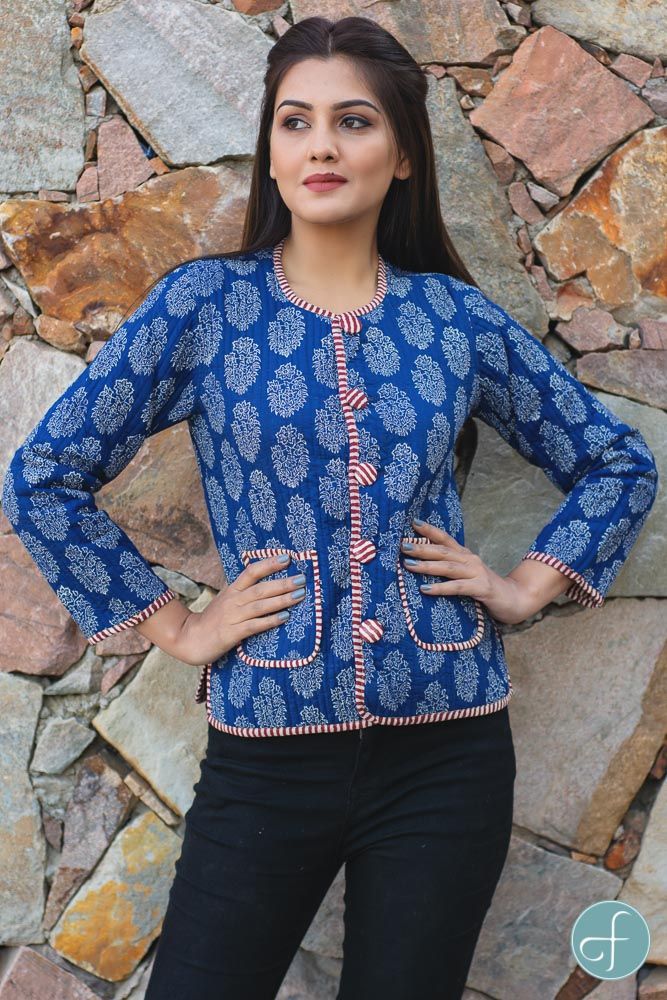 Blue Block Print Reversible Cotton Quilted Jacket