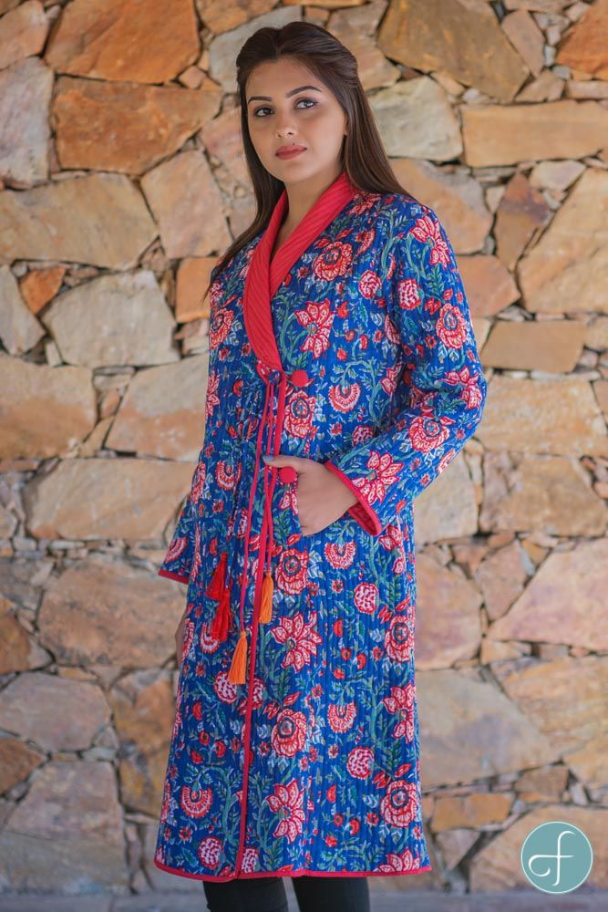 Blue Floral Block Printed Quilted Bukhara Coat