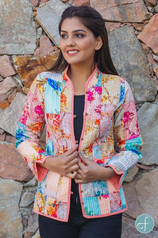 Multicolor Kota Doria Patch Reversible Quilted Jacket