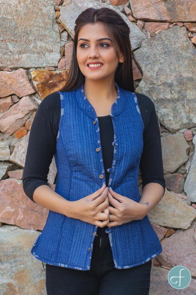 Blue Ikat Reversible Cotton Quilted Sleeveless Jacket