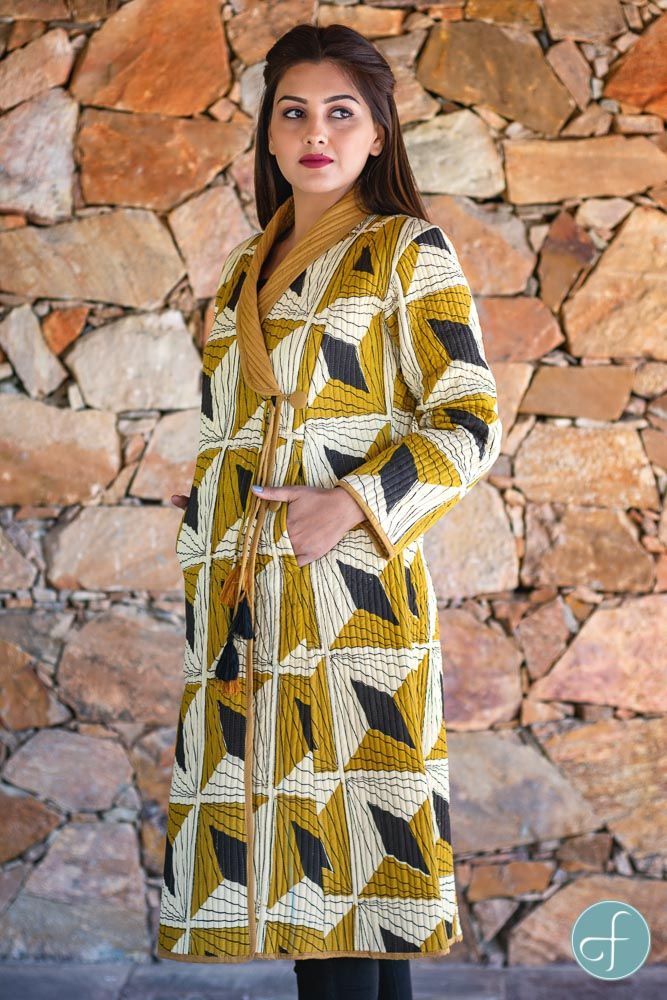 Bagru Mustard Block Printed Quilted Bukhara Coat
