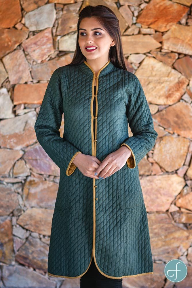 Khakhi Green And Mustard Reversible Cotton Bundi Quilted Coat