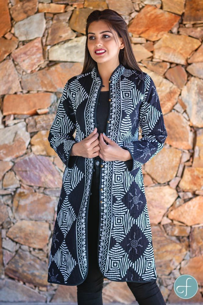 Black And White Block Printed Reversible Cotton Quilted Coat