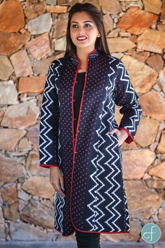 Black Red Block Printed Reversible Cotton Quilted Coat