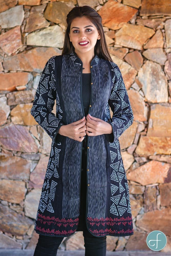 Black White Block Printed Reversible Cotton Quilted Coat