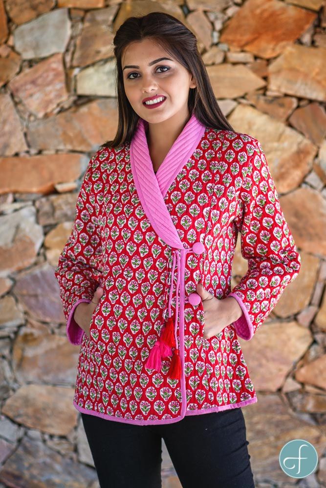 Red Floral Block Printed Quilted Bukhara Jacket