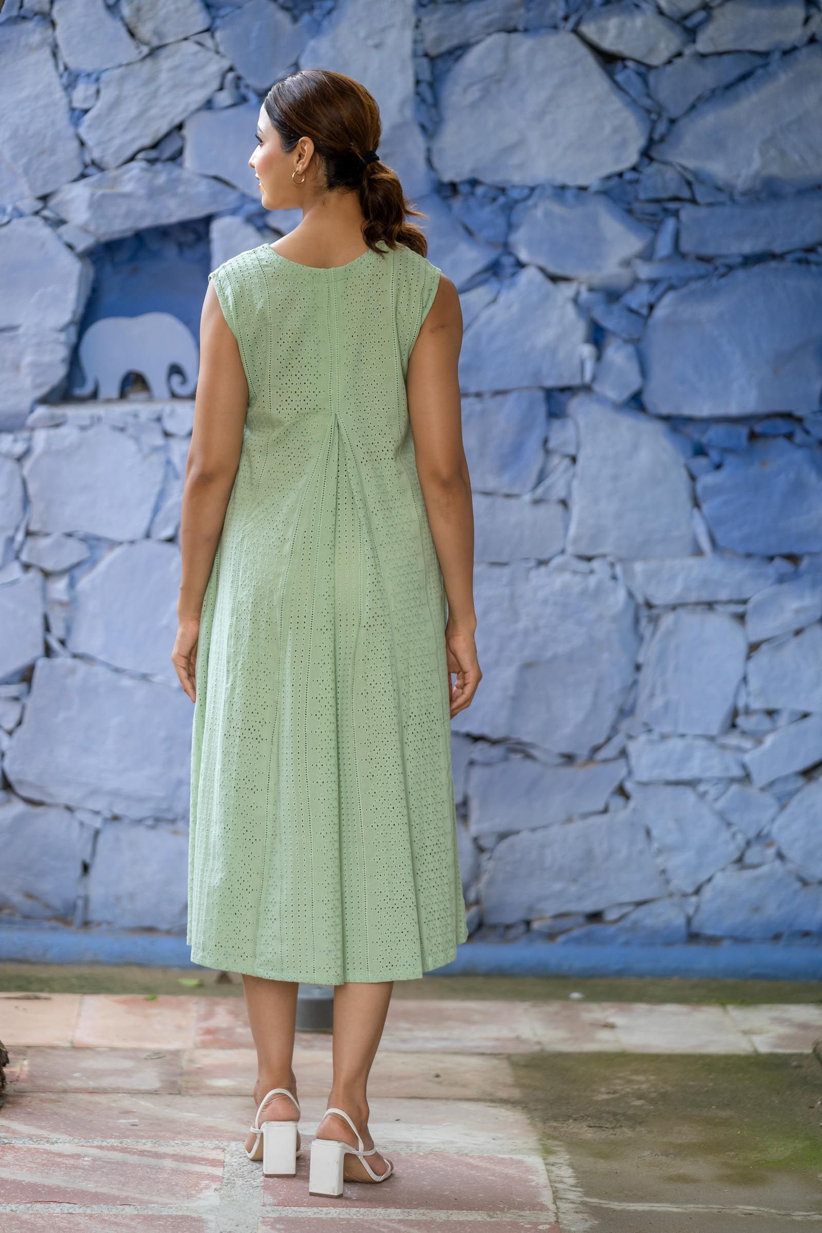 Green Chikankari Sleeveless Dress