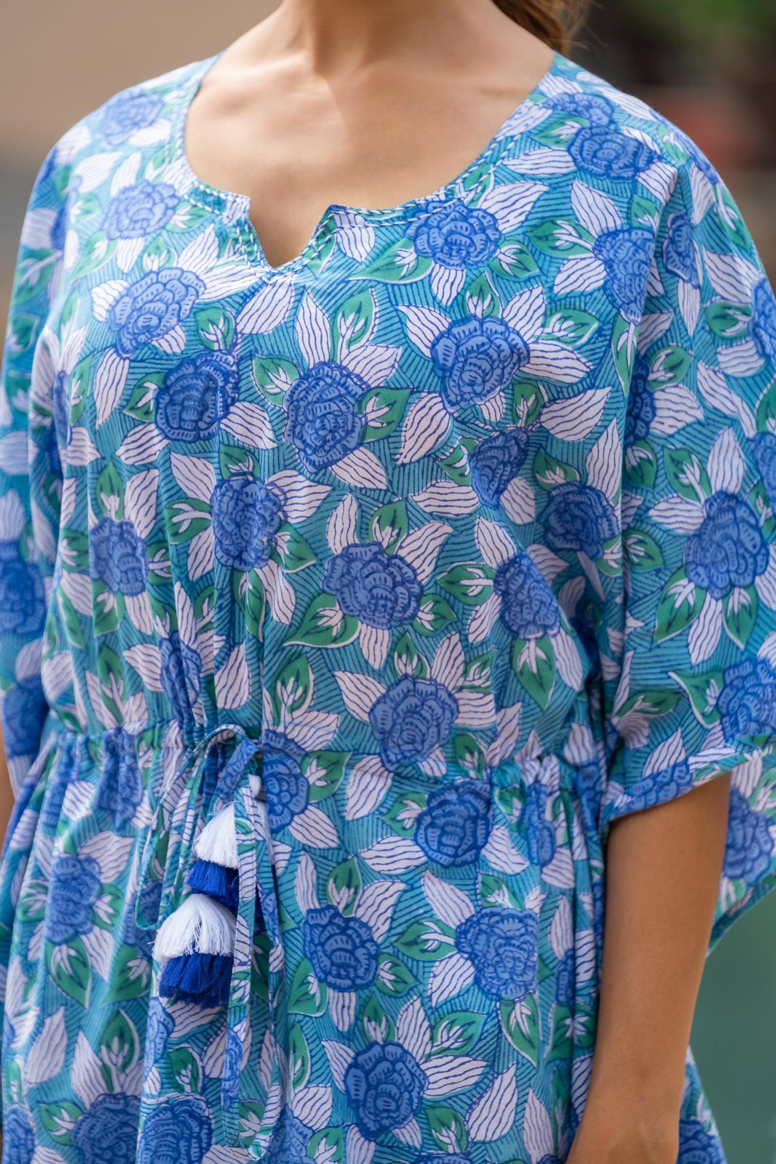 Blue Floral Block Printed Kaftan Top