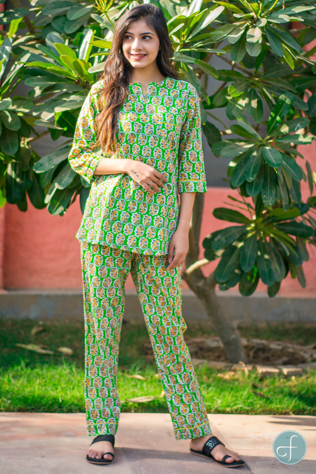 Glorious Green Block Printed Night Suit