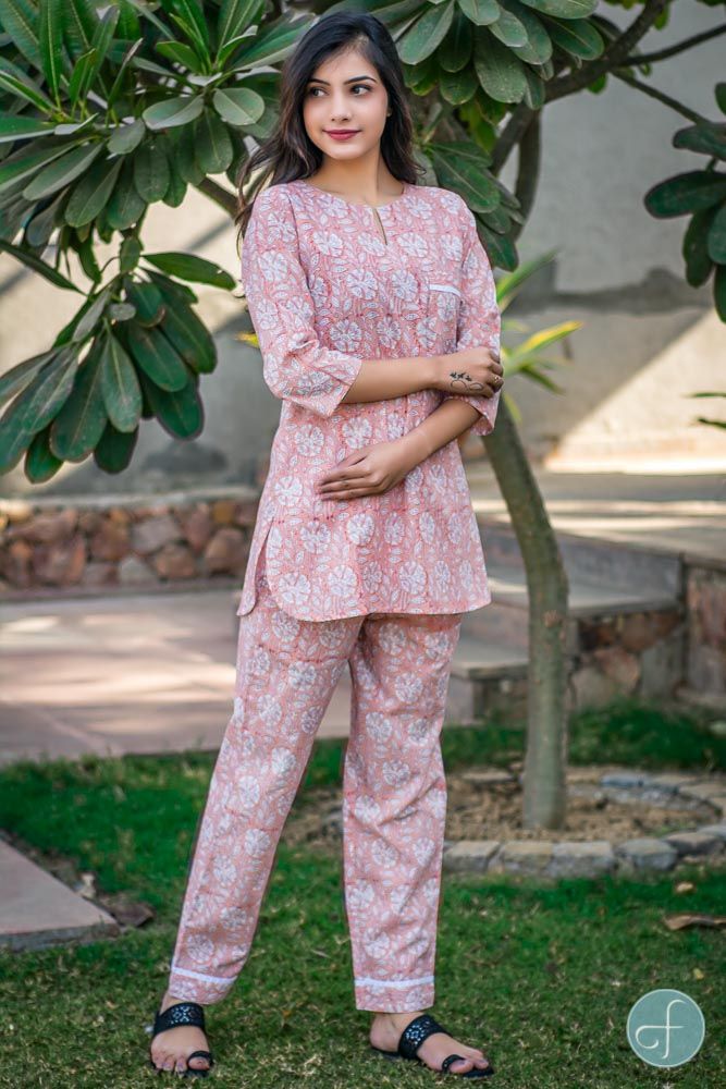 Dusty Peach Floral Block Printed Night Suit