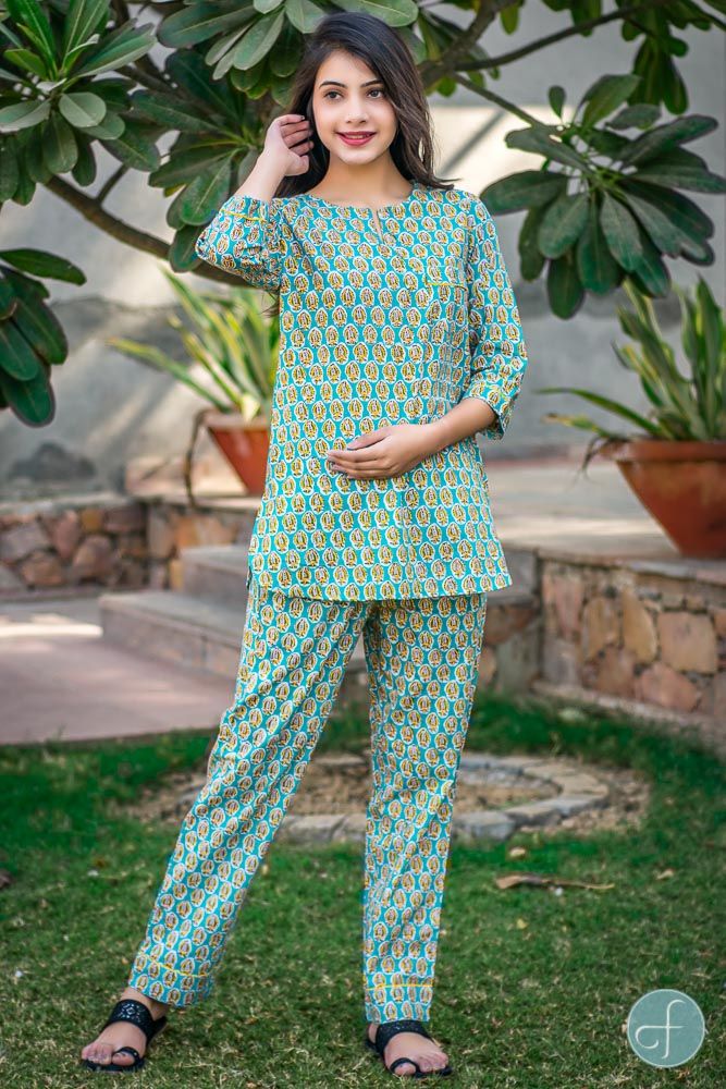 Ice Green Floral Block Printed Night Suit