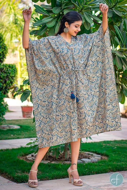 Blue Kalamkari Block Printed Cotton Kaftan Dress