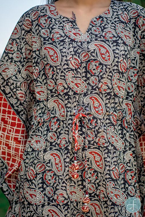 Bagru Red Block Printed Cotton Kaftan Dress