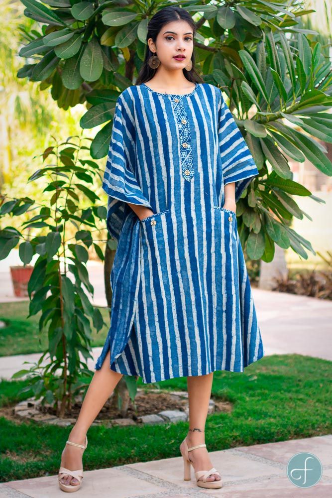 Indigo Striped Block Printed Cotton Kaftan Dress