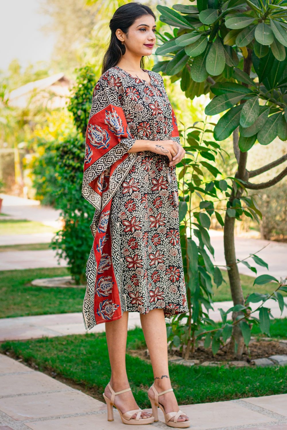 Bagru Red Block Printed Bordeded Cotton Kaftan Dress