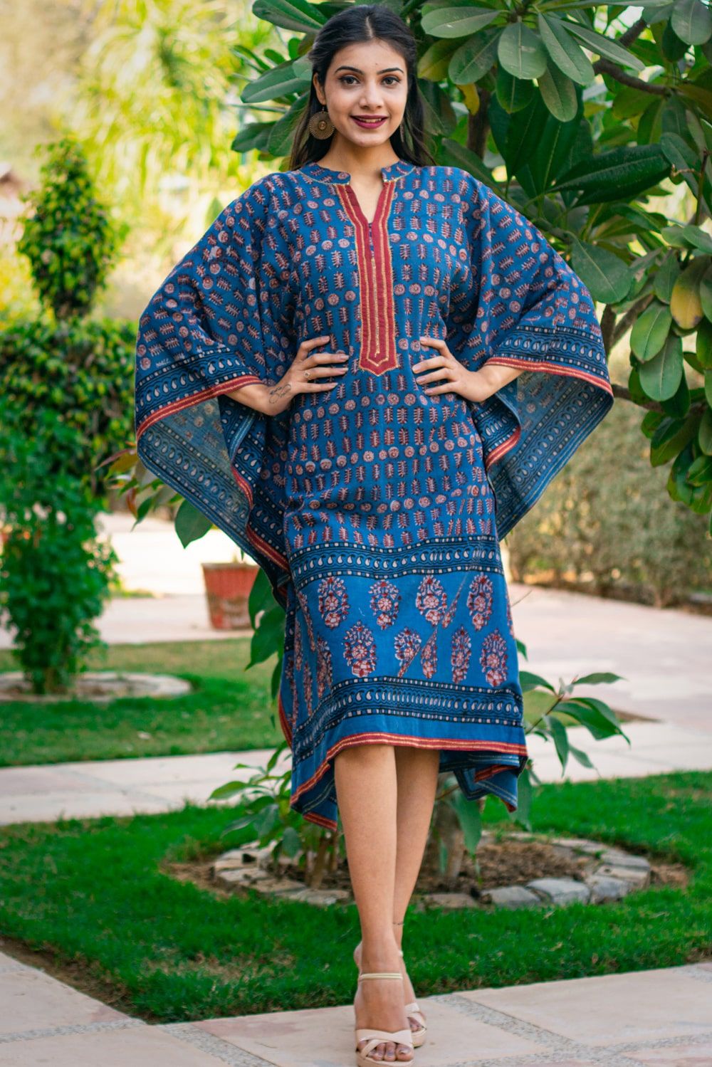 Natural Dye Indigo Block Printed Cotton Kaftan Dress
