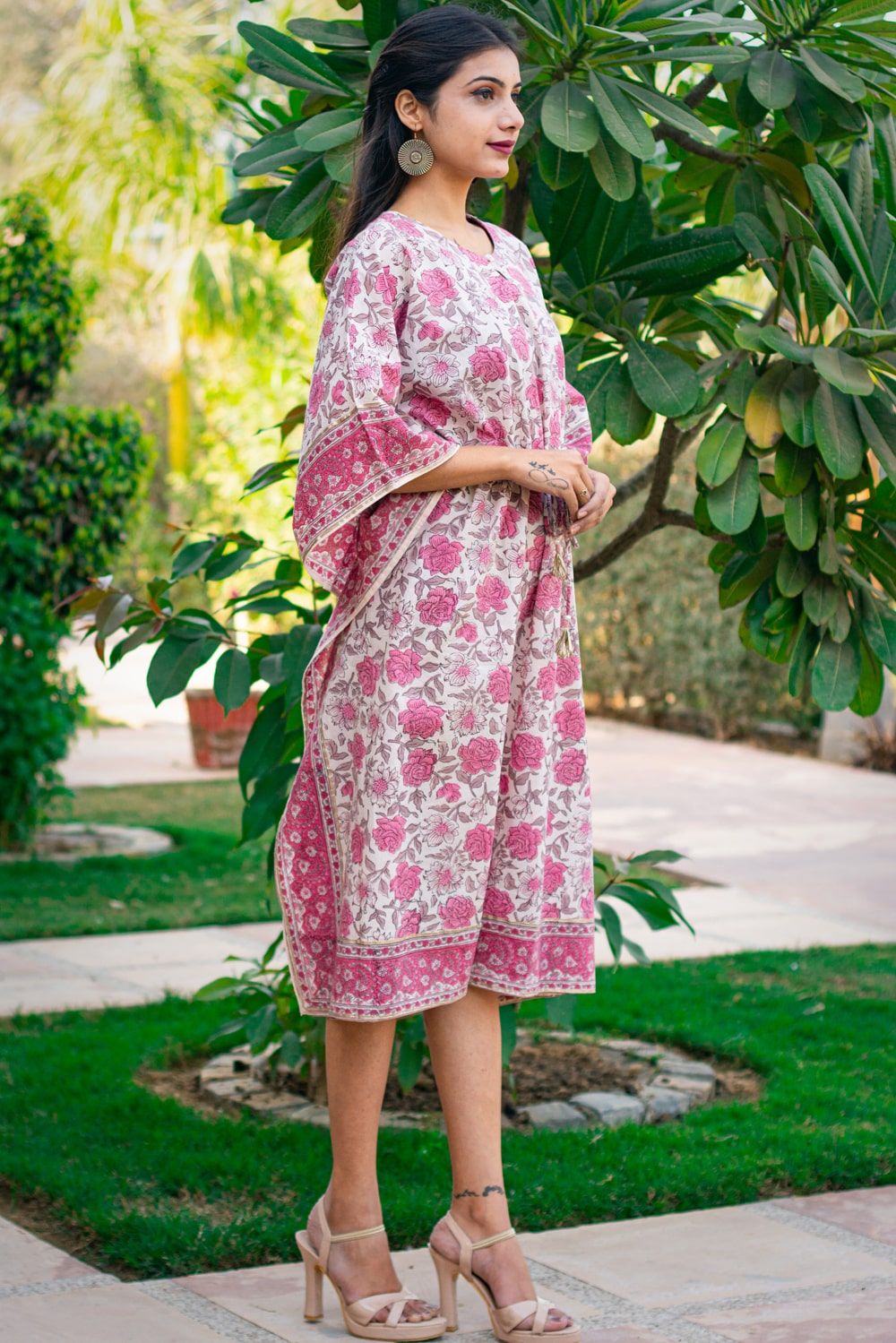 Rose Pink Block Printed Cotton Kaftan Dress