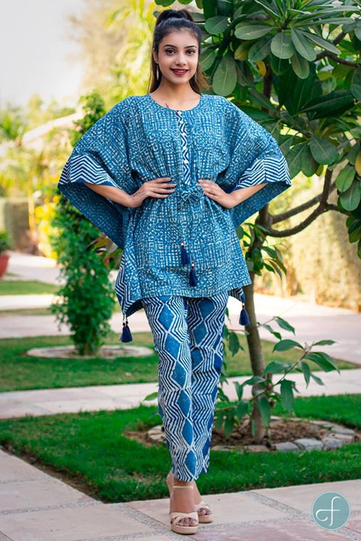 Indigo Block Printed Kaftan Dress Set