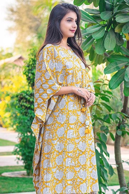 Mustard Floral Block Printed Kaftan Dress